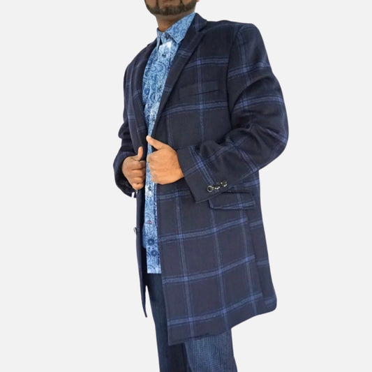 Enzo Blue Plaid Wool Carcoat for Men